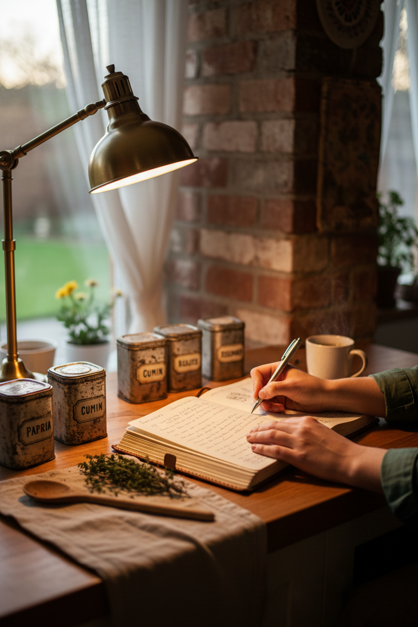 Hands writing in Harvest Reserve recipe journal next to spice tins in a cozy kitchen nook