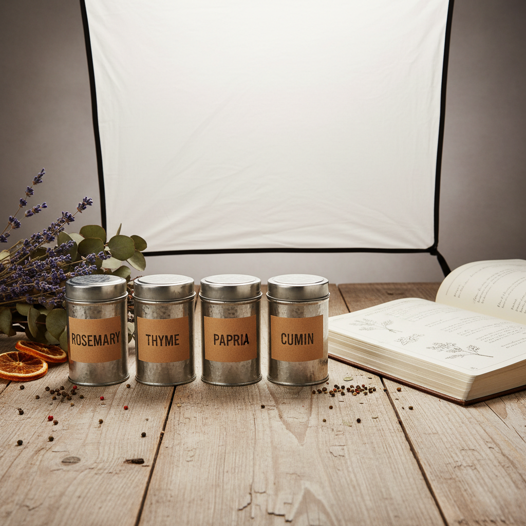 Harvest Reserve Seasonal Spice Collection with four kraft-labeled tins and an open recipe journal on weathered wood